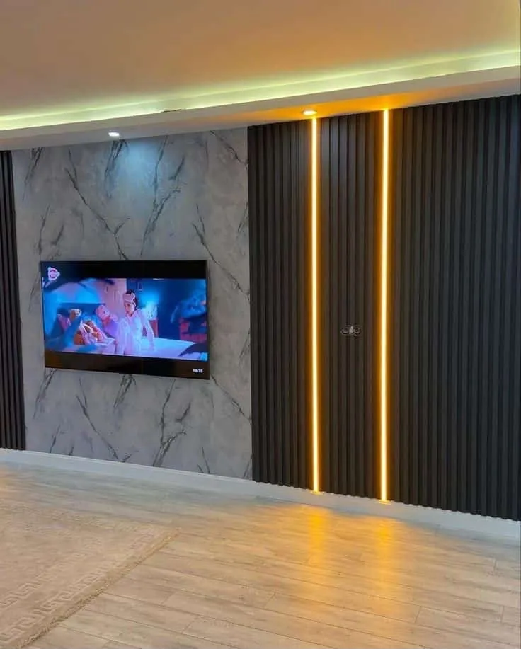 Ceiling and wall lighting with TV wall