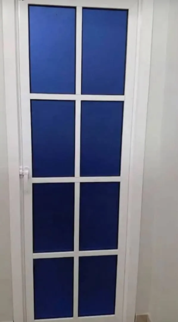 Aluminium door with blue glass panels